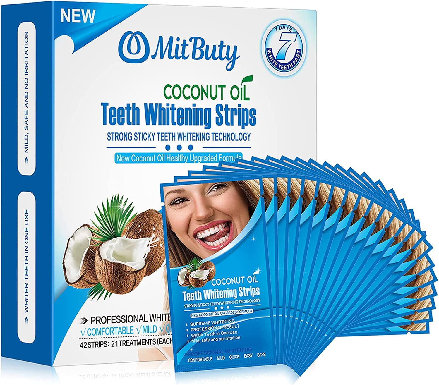 5. MitButy Tiras Blanqueadoras de Dientes con Aceite de Coco Natural - 42 Tiras blanqueador dental profesional